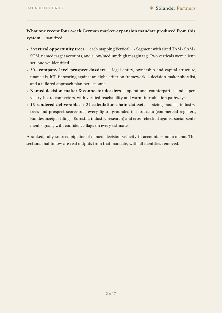Sanitised brief page — the structured asset base behind an engagement